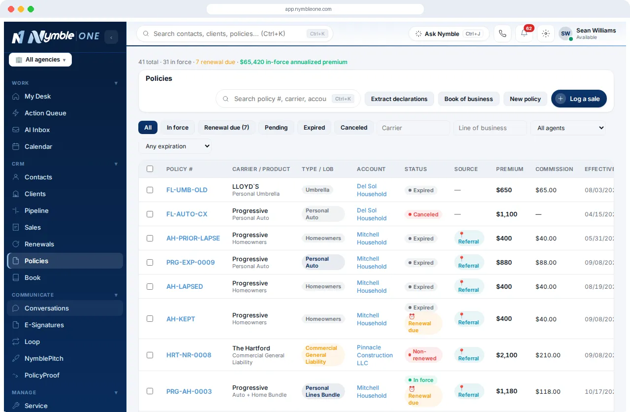 NymbleOne policy list with carrier, line of business, status, premium and commission columns